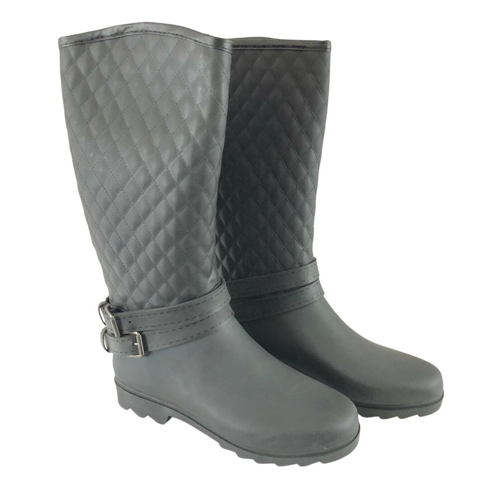 FY Womens Rubber Rain Boots Straps Leather Look Quilted Black Slip On Size 8